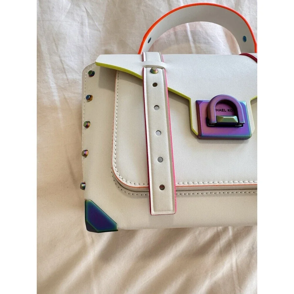 Michael Kors Manhattan Satchel Optic White Rainbow Stud Leather Bag